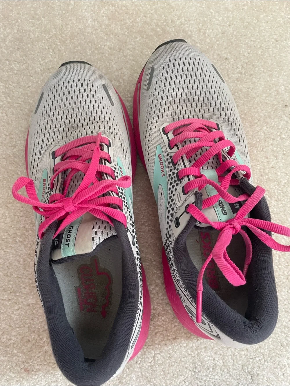 Brooks Ghost Women's Running Shoes - Gray with Pink and Mint Accents